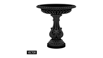 Victorian Bird Bath Vector: A classic Victorian-style bird bath, rendered in a detailed black silhouette, stands as an elegant garden ornament. © Murshida
