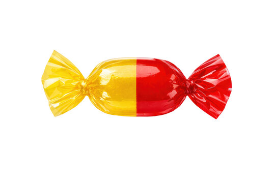 Colorful wrapped candy photo, red and yellow hard sweet in shiny cellophane, confectionery treat for snack and dessert concepts isolated PNG with Transparent Background