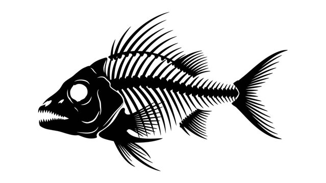 Fish Skeleton Illustration: A stark, black and white illustration depicts the complete skeleton of a fish, showcasing its intricate bone structure and fin rays in detail.
