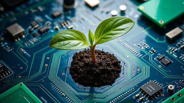 Young green plant growing from soil on a computer circuit board representing sustainable technology and environmental innovation