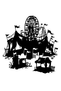 Silhouette of a Spooky Abandoned Carnival with Ferris Wheel and Circus Tent