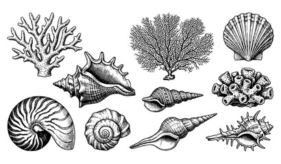 Vintage Seashell Coral and Ocean Elements Hand Drawn Vector Collection © Boloram