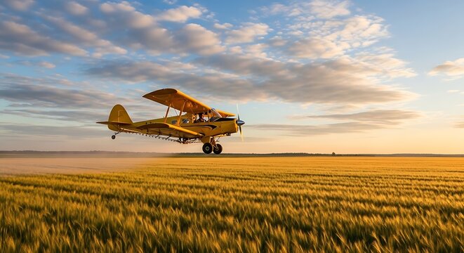 Small propeller airplane flying low over a golden wheat field at sunset