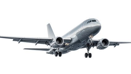 Fototapeta premium Silver jet airplane with landing gear extended, flying