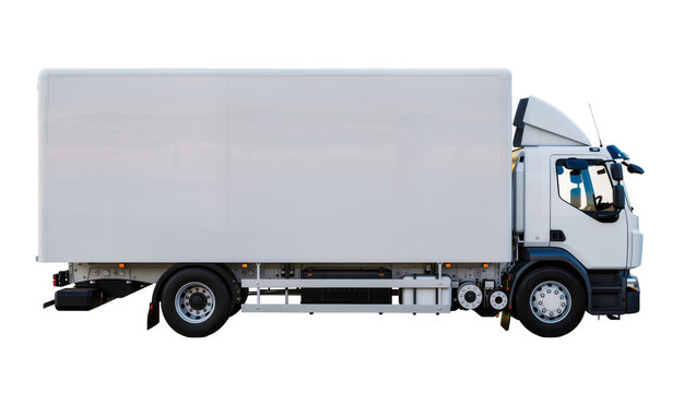White box truck with dual rear wheels and side cargo door