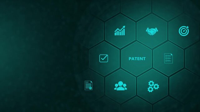 patent inscription, new business concept Business, Technology, Internet and network concept. digital interface on cyan color background