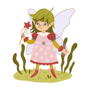 Cute Fairy Girl with Magic Wand &ndash; Vector Illustration