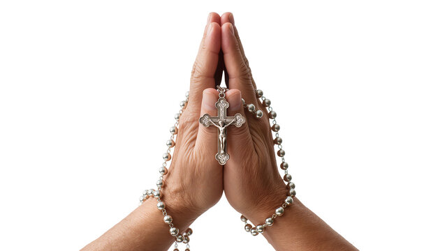 Praying hands holding silver rosary with crucifix