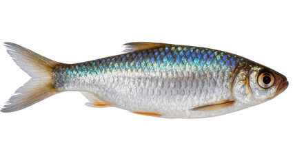 Obraz premium Small silver fish with iridescent blue scales and orange fins