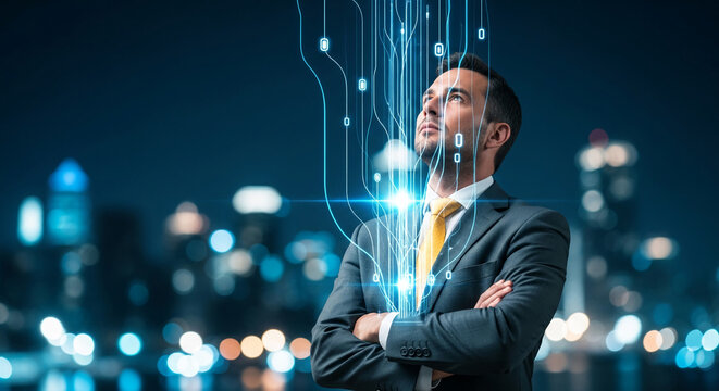 Man in suit looking at glowing digital lines, symbolizing data flow and technology advancement against a city backdrop, representing innovation and future progress
