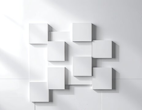 Minimalist white cube arrangement with soft shadows.