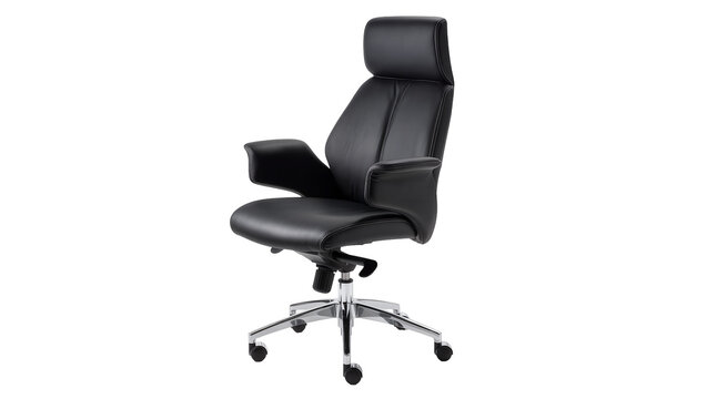 Black leather executive office chair with chrome base and wheels