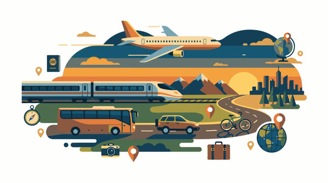 A colorful illustration of various transportation modes and travel-related items