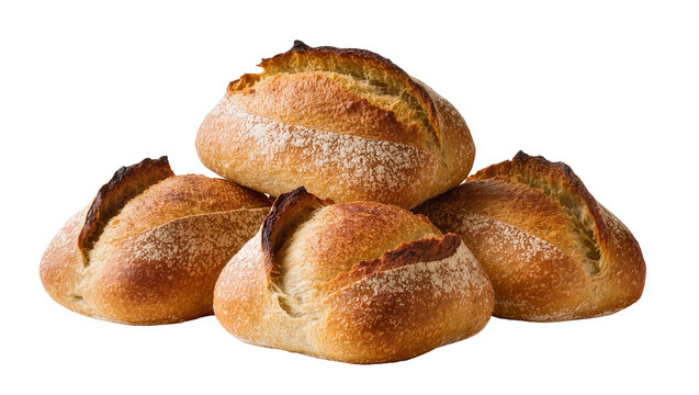 Four crusty sourdough bread loaves with golden brown crust