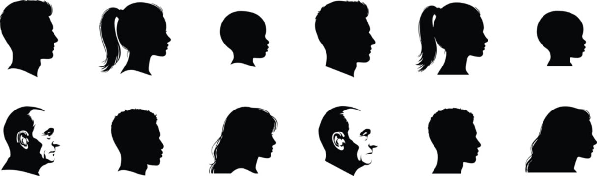 Detailed human profile silhouettes showing different ages genders and facial features on transparent.