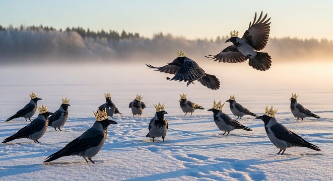 Crows wearing crowns winter landscape