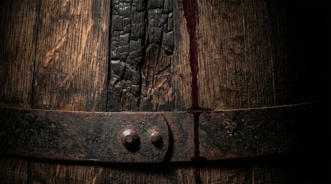 Close-up of an old charred wooden barrel with leaking liquid