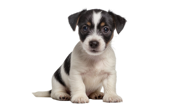Jack Russell Terrier puppy sitting black and white fur, alert expression