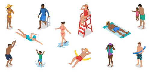 Public pool people swimming and sunbathing at aqua park | Diverse summer crowd character set | Isometric vector illustration