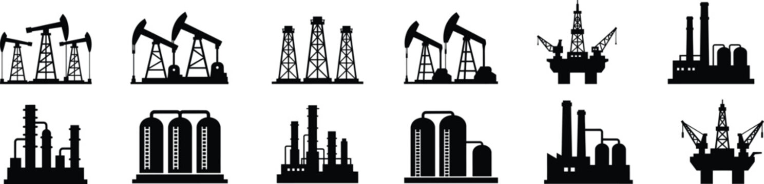 Oil extraction and refinery industry vector icon set. oil derrick, drilling rig, and platform silhouettes.