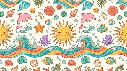 Fototapeta premium Vibrant pattern showing happy sun, swimming dolphins, playful octopuses, fish, and seashells