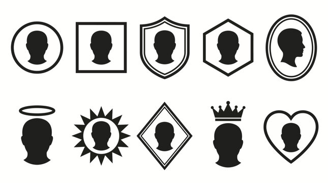 Set of human head silhouette icons in various decorative frames and shapes.