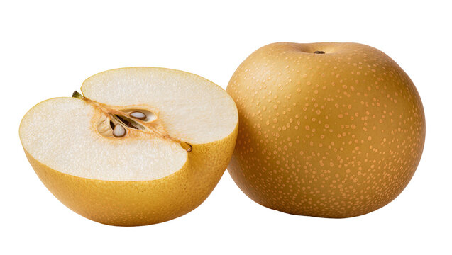 Whole and halved Asian pear with visible seeds and white flesh
