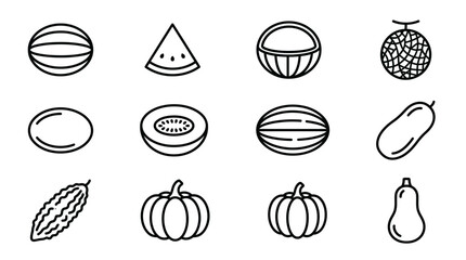 Fototapeta premium Set of outline icons representing various types of melons and gourds.