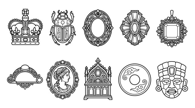 Set of vintage historical artifacts and jewelry line art illustrations.