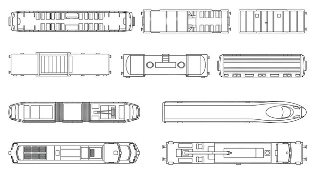 Top View Blueprint Set of Various Train Carriages and Locomotives.