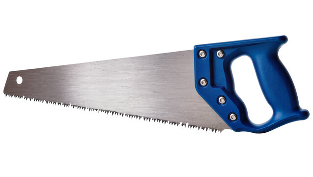 Blue handled hand saw with metal blade and sharp teeth