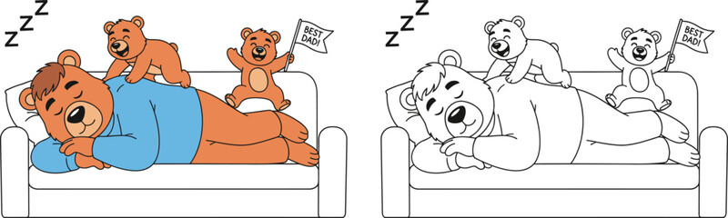 Dad Bear Sleeping on Sofa with Playful Bear Cubs Celebrating Best Dad Cartoon Illustration © Mehrab