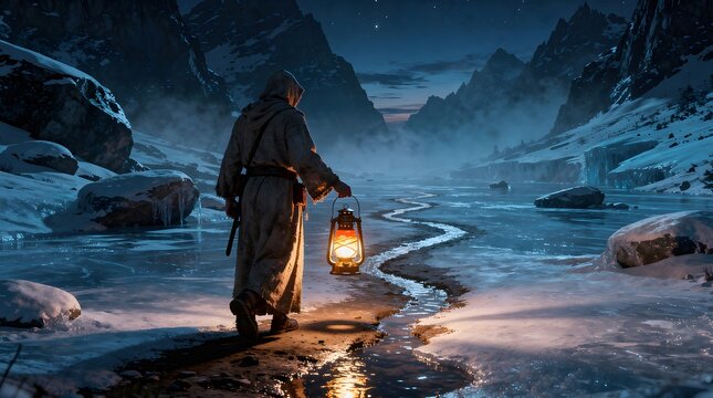 A Lone Traveler Walks Through a Frozen, Icy Landscape at Night, Holding an Old Lantern for Light.