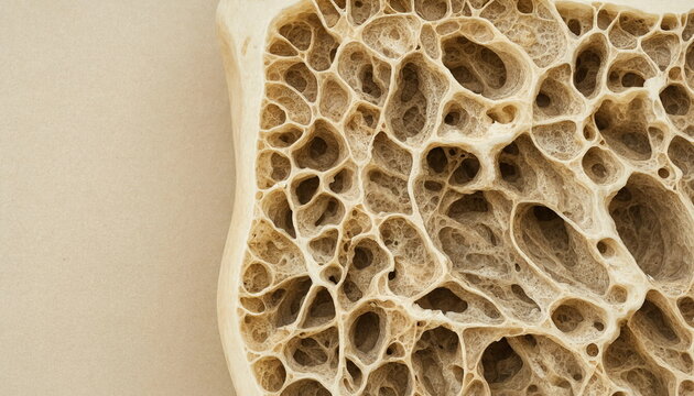 Cancellous bone tissue cross-section macro showing porous trabecular structure
