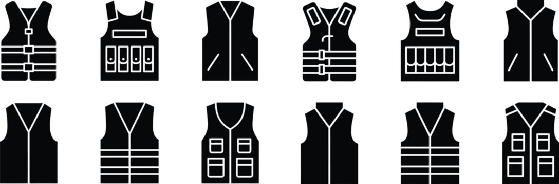 Set of black silhouette vest icons body armor life jacket protective equipment vector illustration.