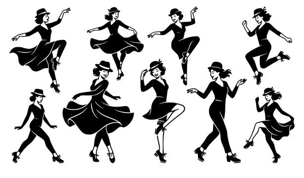 Modern Female Tap Dance Silhouette Set with Elegant Skirt and Hat Performance Poses