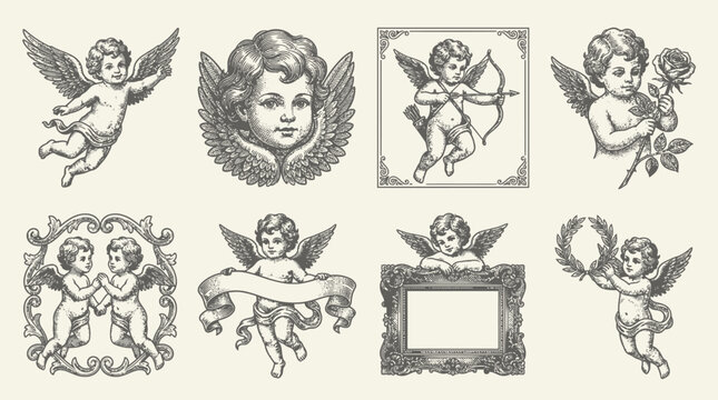 Vintage style cherub and cupid angel illustrations collection.