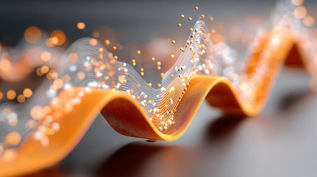 Data analytics visualising information flow and digital particle movement in a vibrant wavy stream