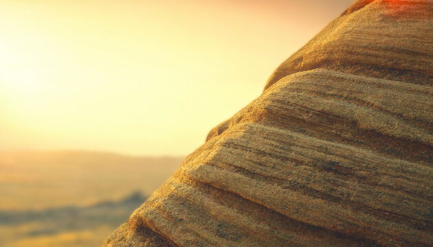 Layered sandstone rock formation at golden sunset with large warm sky copy space

