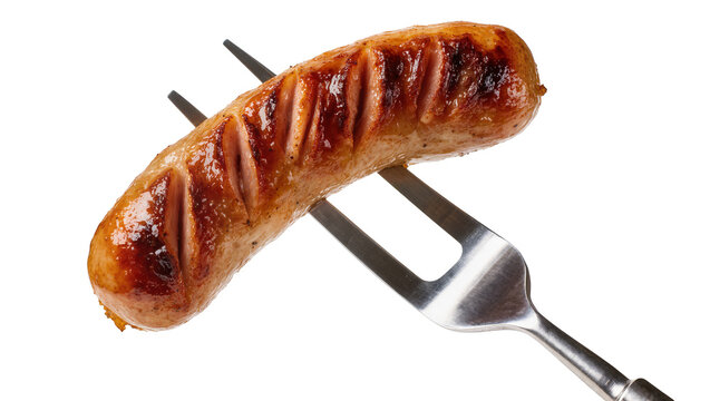 Grilled sausage on metal fork with grill marks