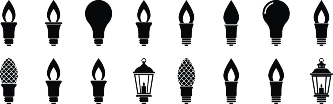 Christmas light bulb icons set with candle flame shape and traditional lantern lamp silhouette black designs.