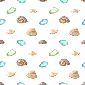 Seamless watercolor pattern with scattered marine shells and pastel sea glass pebbles. Hand-painted illustrations. Designed for packaging, home textiles, wallpapers, and scrapbooking