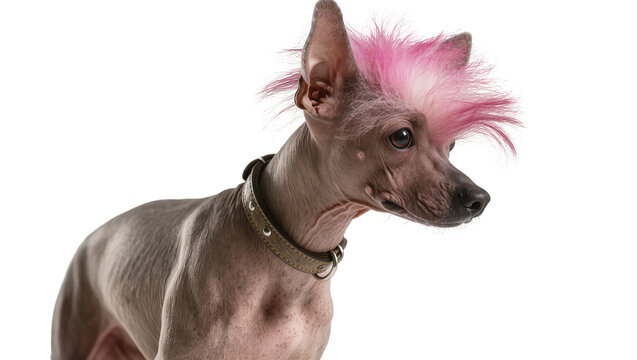 Chinese Crested dog with pink mohawk hairstyle and collar