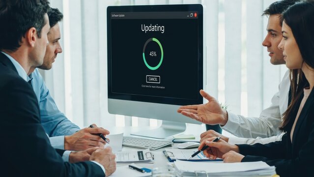 Business people looking at computer screen with software update loading progress bar