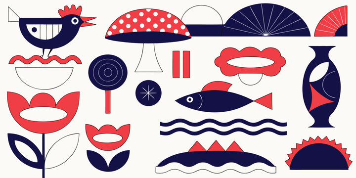 Fun collection of folk art elements like chicken mushroom lollipop and fish with wavy lines