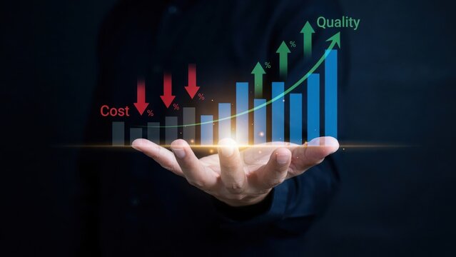 Businessman hand holding a digital bar chart showing cost reduction and growth