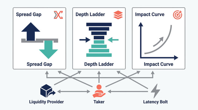 Market liquidity concepts are visualized through a structured diagram showing spread gaps and depth ladders.