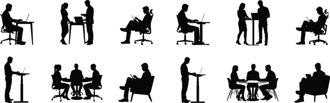 Collection of business people silhouettes working on laptops and in meetings vector illustration.