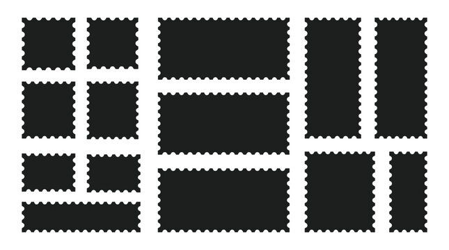 Vintage postage stamp silhouettes, set of 14 black postage stamp frames with perforated edges, blank philately mail stickers for postal design