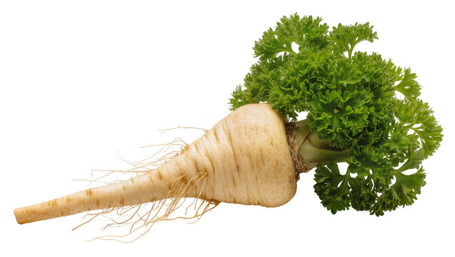 Parsnip root vegetable with green curly parsley leaves